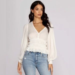 E.ssue white smock waisted blouse